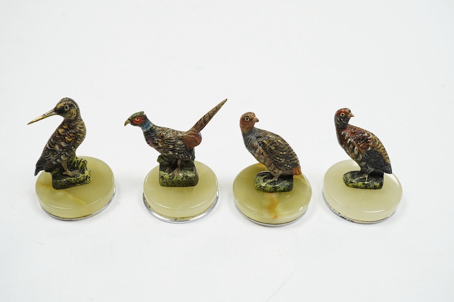 A cased Asprey set of four cold painted bronze and chrome plated novelty game bird menu holders, tallest 5cm high. Condition - good